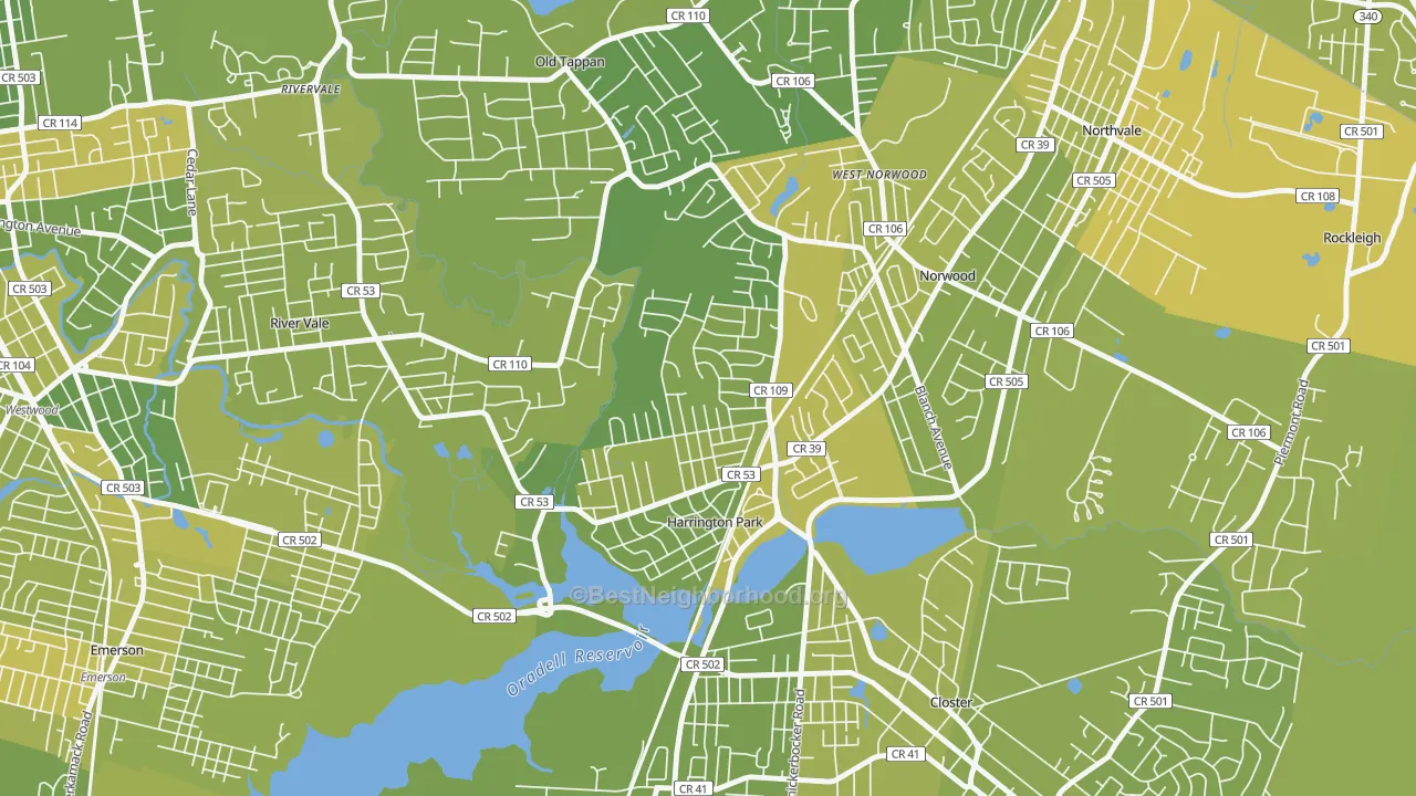 Map of the best neighborhoods in the Harrington Park area, with better matches in green and worse matches in red