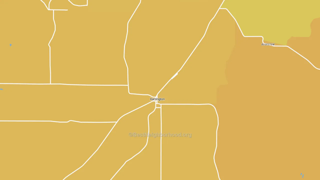 Map of the best neighborhoods in the Harrington area, with better matches in green and worse matches in red