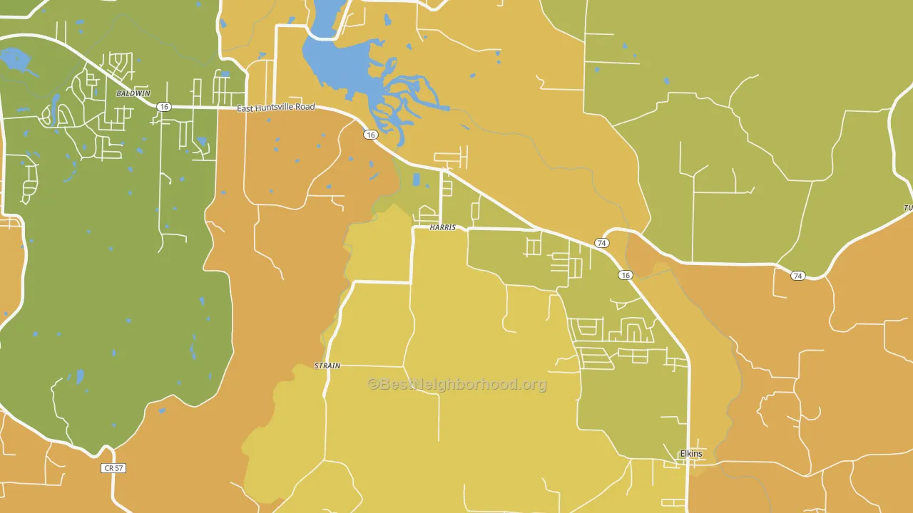 Map of the best neighborhoods in the Harris area, with better matches in green and worse matches in red