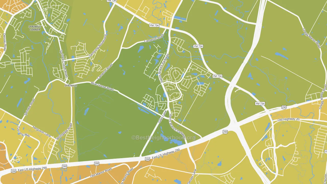 Map of the best neighborhoods in the Harris Branch, Austin area, with better matches in green and worse matches in red