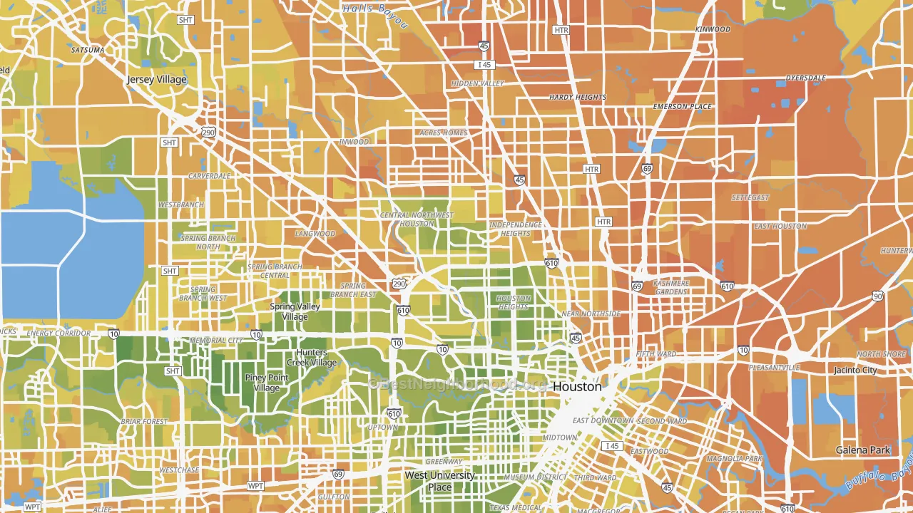 Map of the best neighborhoods in the Harris County area, with better matches in green and worse matches in red