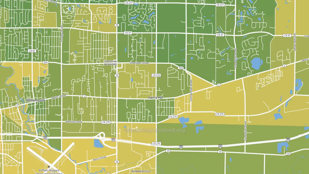 Map of the best neighborhoods in the Harris Hill area, with better matches in green and worse matches in red