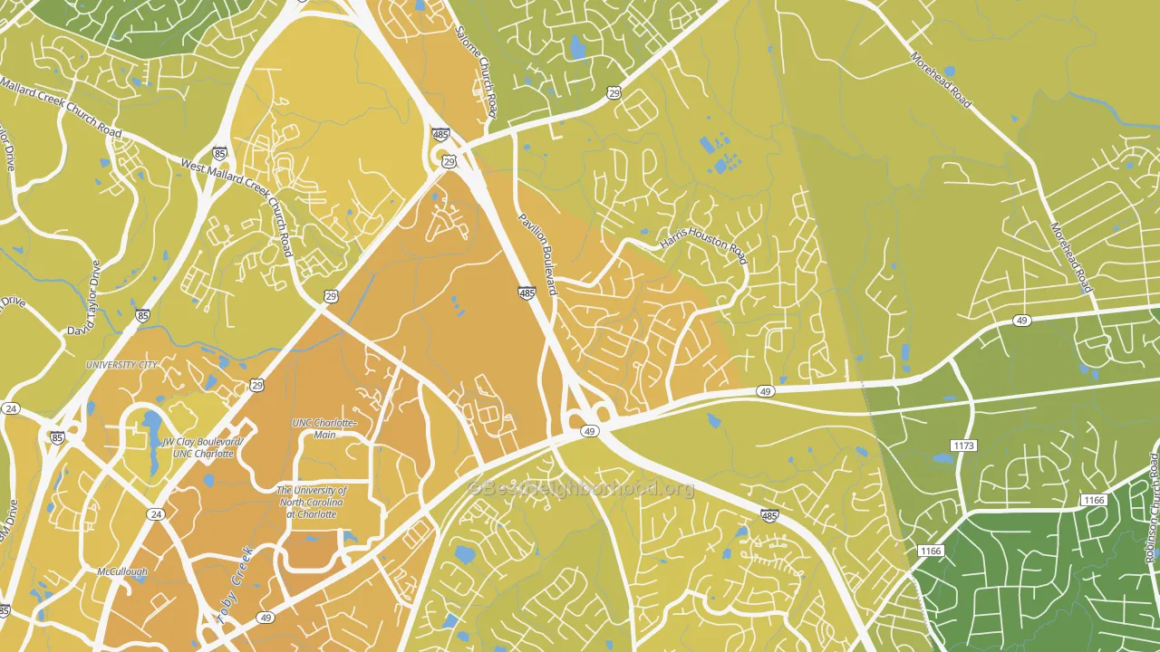 Map of the best neighborhoods in the Harris-Houston, Charlotte area, with better matches in green and worse matches in red