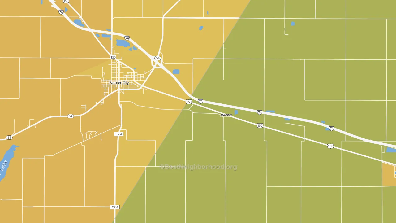 Map of the best neighborhoods in the Harris area, with better matches in green and worse matches in red