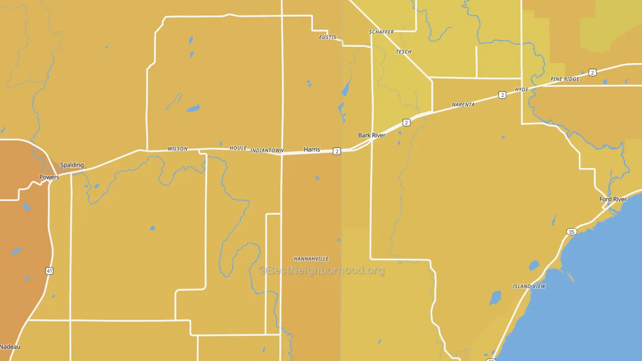 Map of the best neighborhoods in the Harris area, with better matches in green and worse matches in red