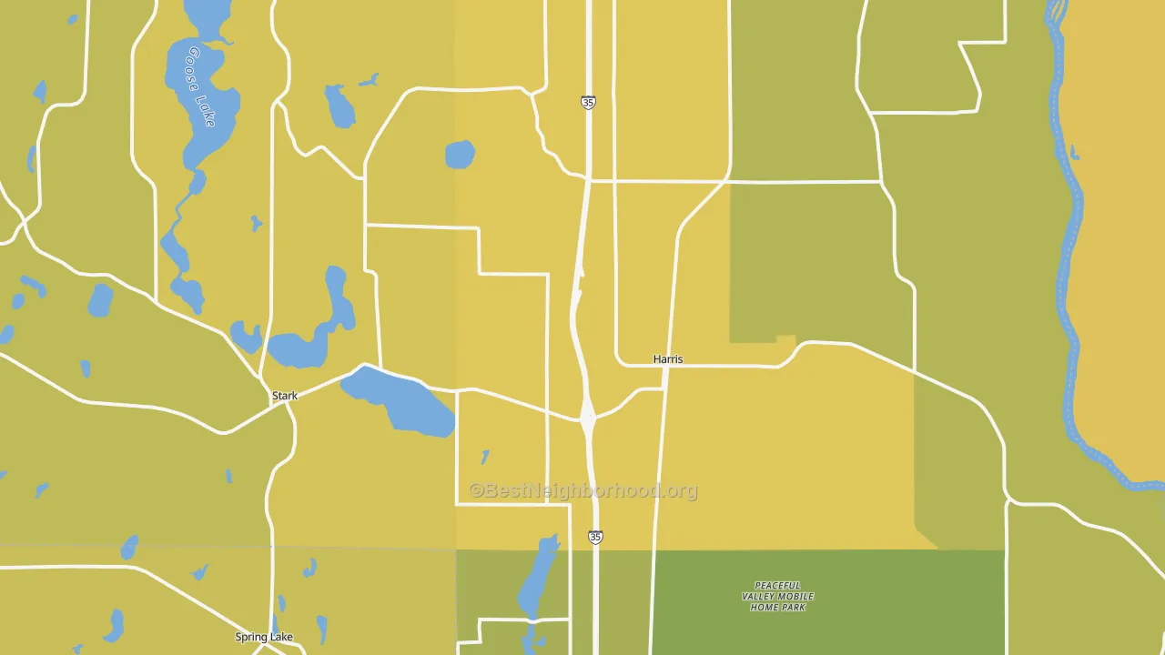 Map of the best neighborhoods in the Harris area, with better matches in green and worse matches in red