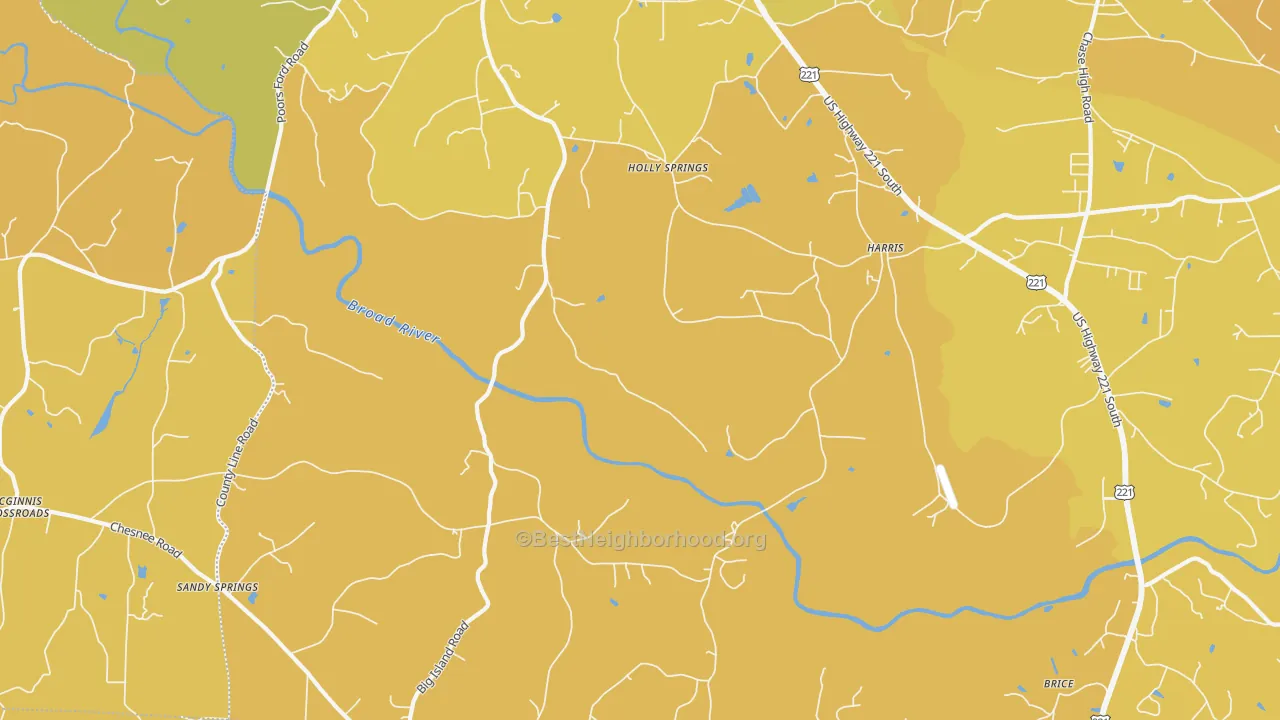 Map of the best neighborhoods in the Harris area, with better matches in green and worse matches in red