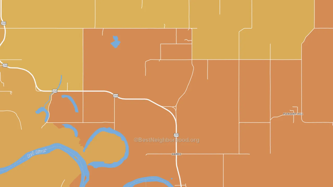 Map of the best neighborhoods in the Harris area, with better matches in green and worse matches in red