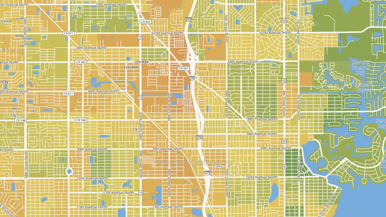 Map of the best neighborhoods in the Harris Park, St. Petersburg area, with better matches in green and worse matches in red