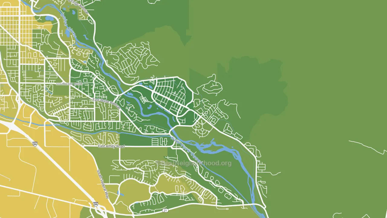 Map of the best neighborhoods in the Harris Ranch, Boise area, with better matches in green and worse matches in red