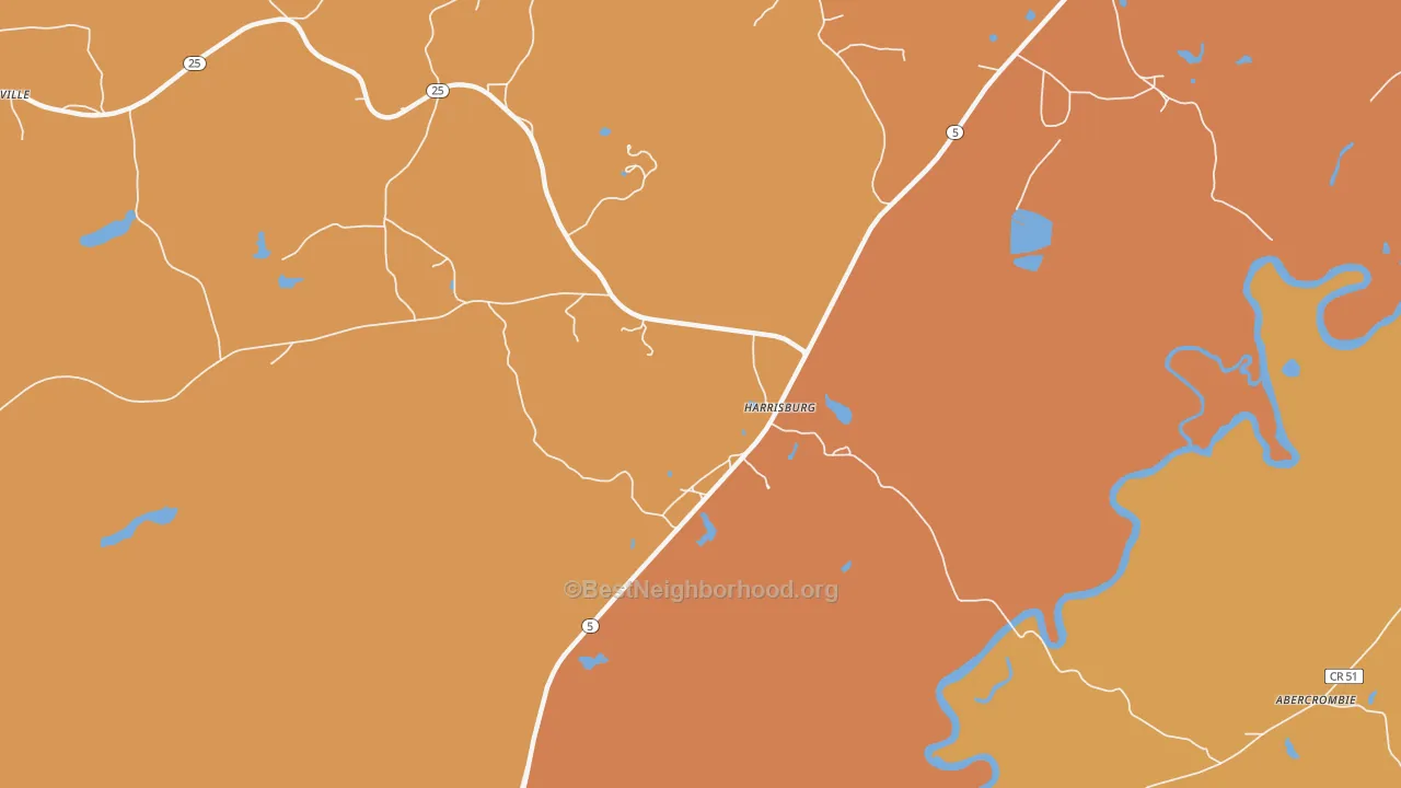 Map of the best neighborhoods in the Harrisburg area, with better matches in green and worse matches in red