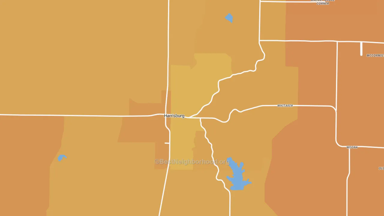 Map of the best neighborhoods in the Harrisburg area, with better matches in green and worse matches in red