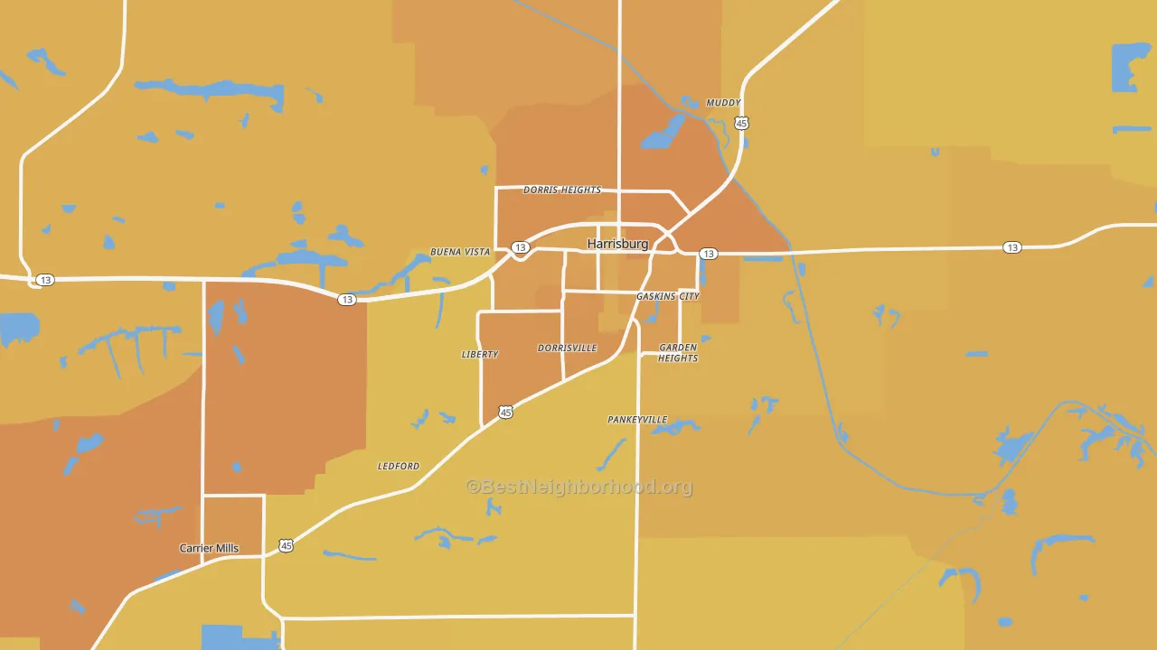 Map of the best neighborhoods in the Harrisburg area, with better matches in green and worse matches in red
