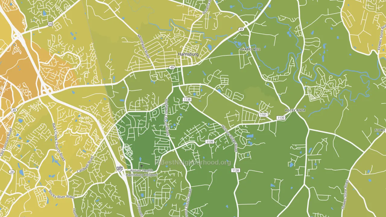 Map of the best neighborhoods in the Harrisburg area, with better matches in green and worse matches in red