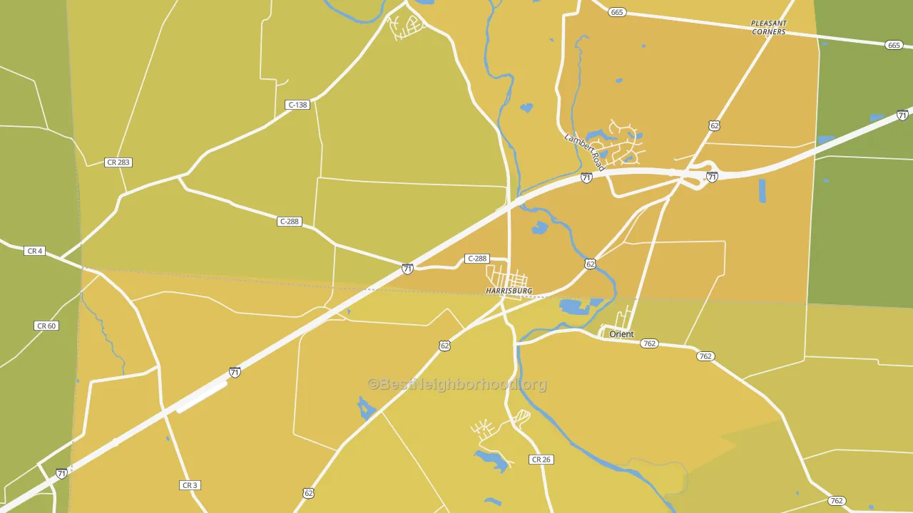 Map of the best neighborhoods in the Harrisburg area, with better matches in green and worse matches in red