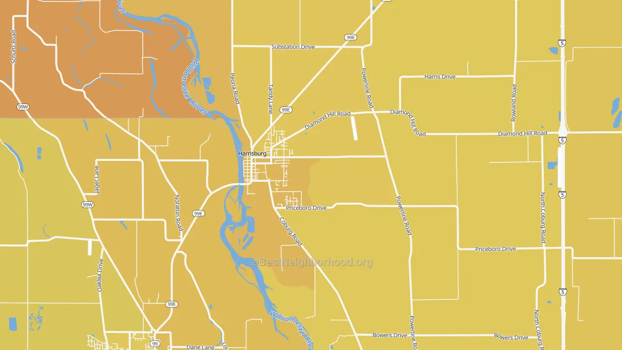 Map of the best neighborhoods in the Harrisburg area, with better matches in green and worse matches in red