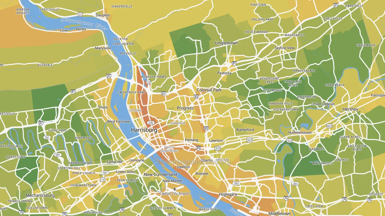 Map of the best neighborhoods in the Harrisburg Metro area, with better matches in green and worse matches in red