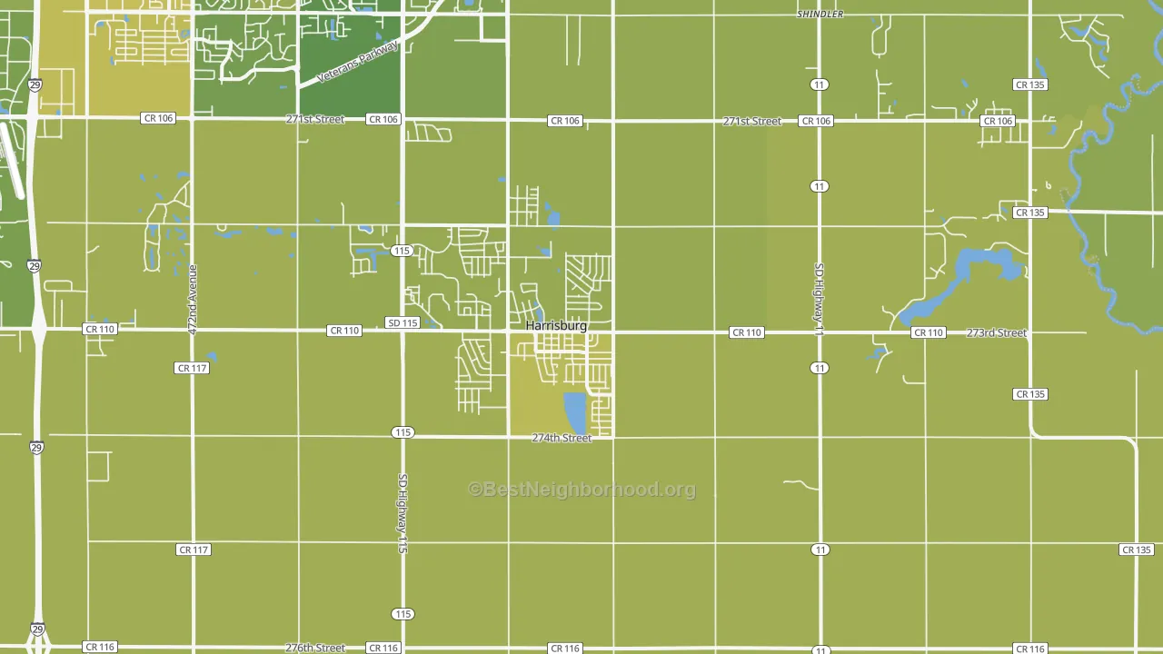 Map of the best neighborhoods in the Harrisburg area, with better matches in green and worse matches in red