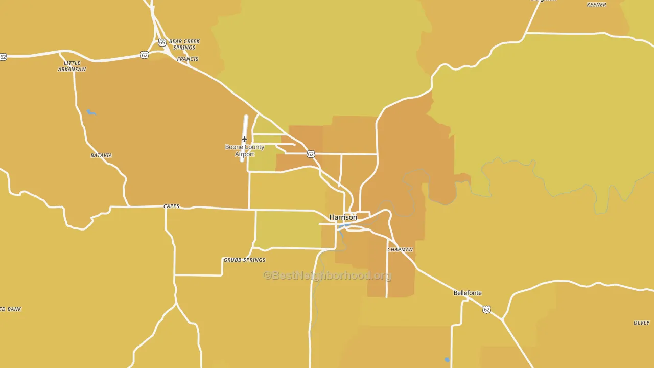 Map of the best neighborhoods in the Harrison area, with better matches in green and worse matches in red