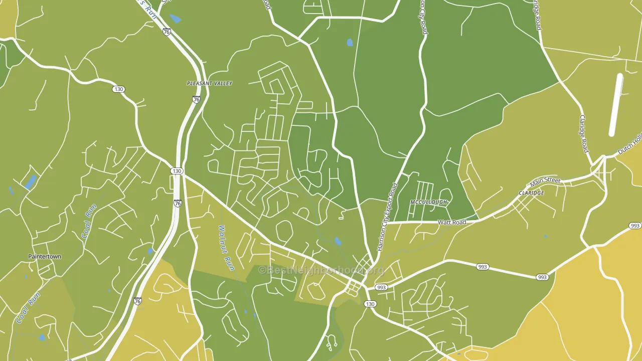 Map of the best neighborhoods in the Harrison City area, with better matches in green and worse matches in red
