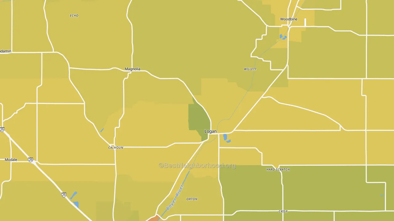 Map of the best neighborhoods in the Harrison County area, with better matches in green and worse matches in red