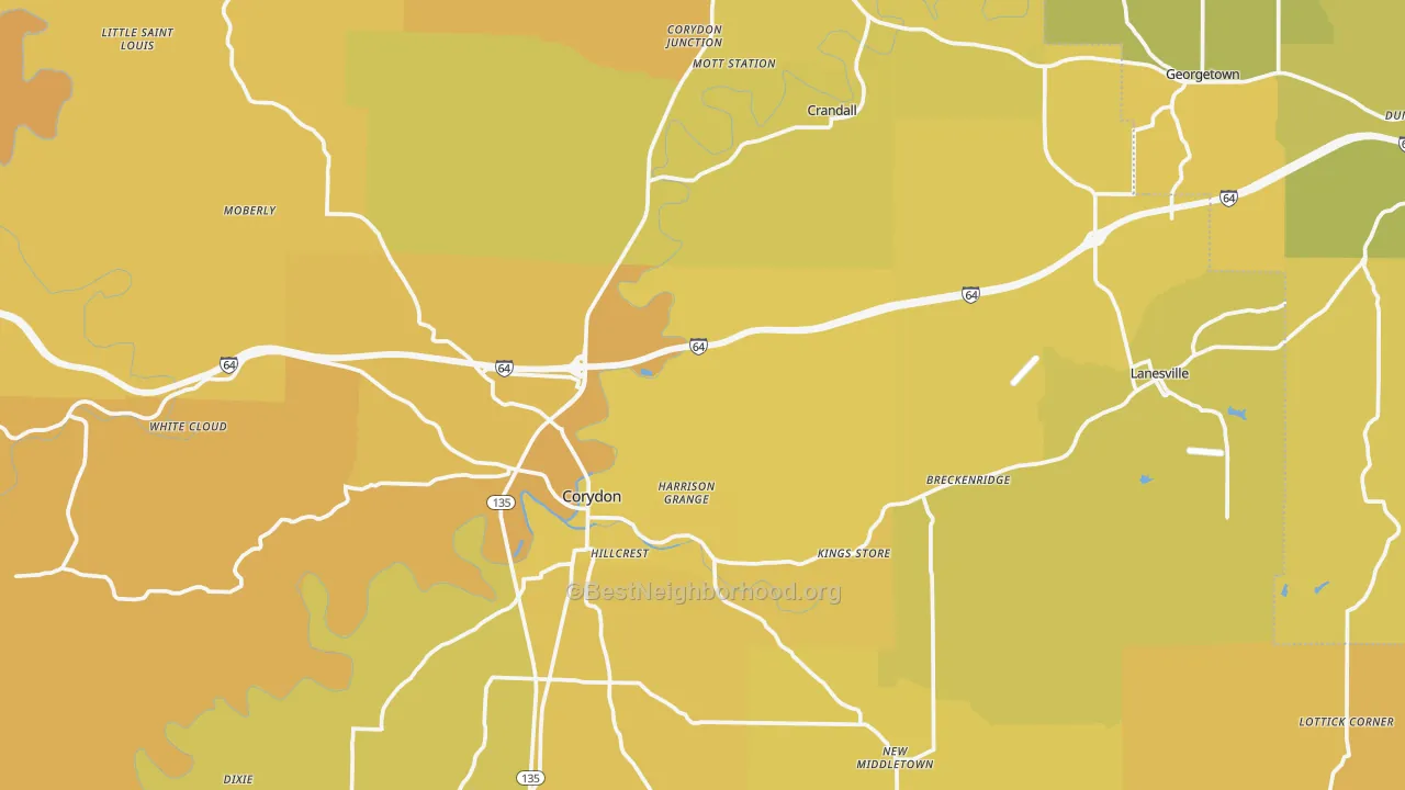 Map of the best neighborhoods in the Harrison County area, with better matches in green and worse matches in red