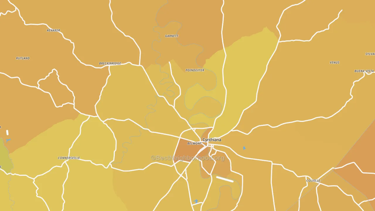 Map of the best neighborhoods in the Harrison County area, with better matches in green and worse matches in red