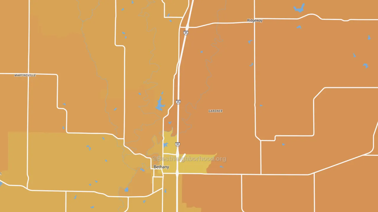 Map of the best neighborhoods in the Harrison County area, with better matches in green and worse matches in red