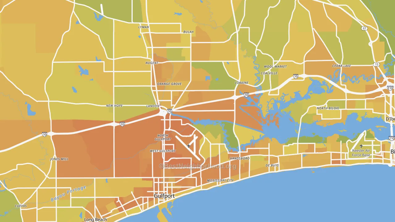 Map of the best neighborhoods in the Harrison County area, with better matches in green and worse matches in red