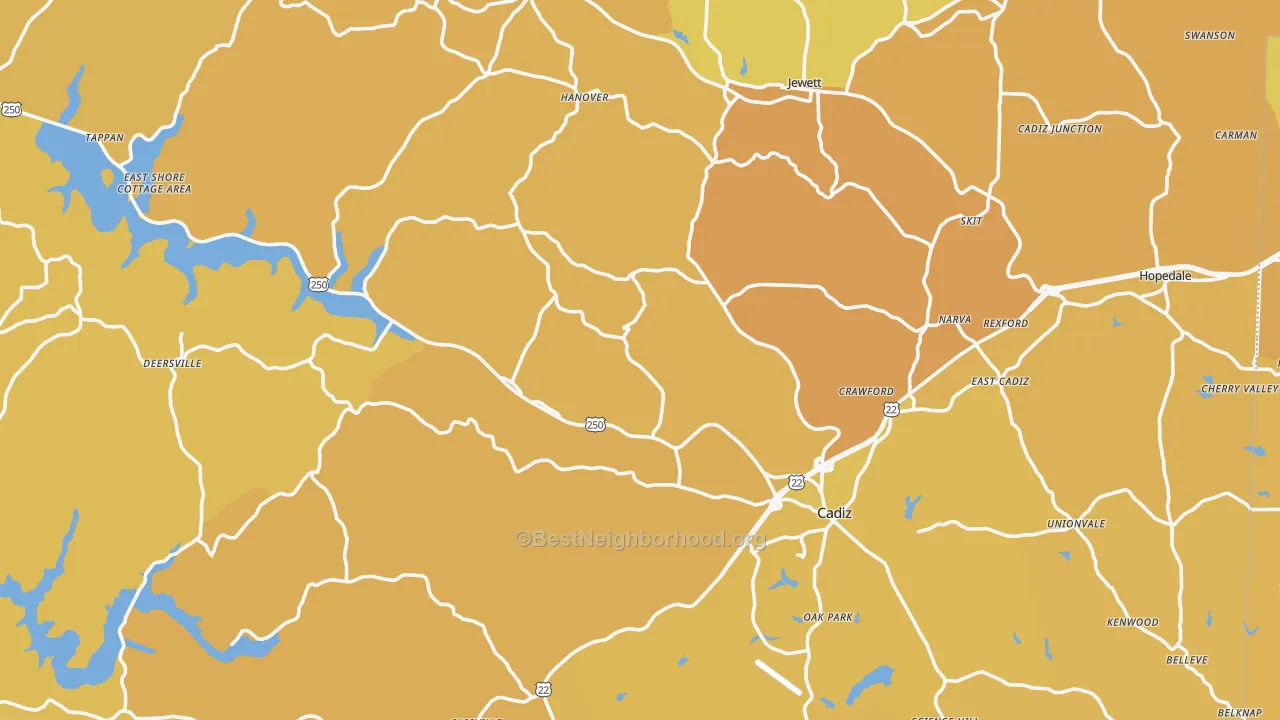 Map of the best neighborhoods in the Harrison County area, with better matches in green and worse matches in red