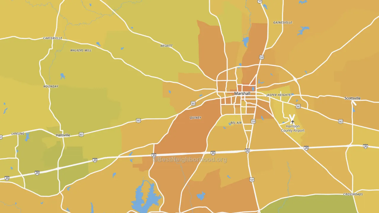 Map of the best neighborhoods in the Harrison County area, with better matches in green and worse matches in red