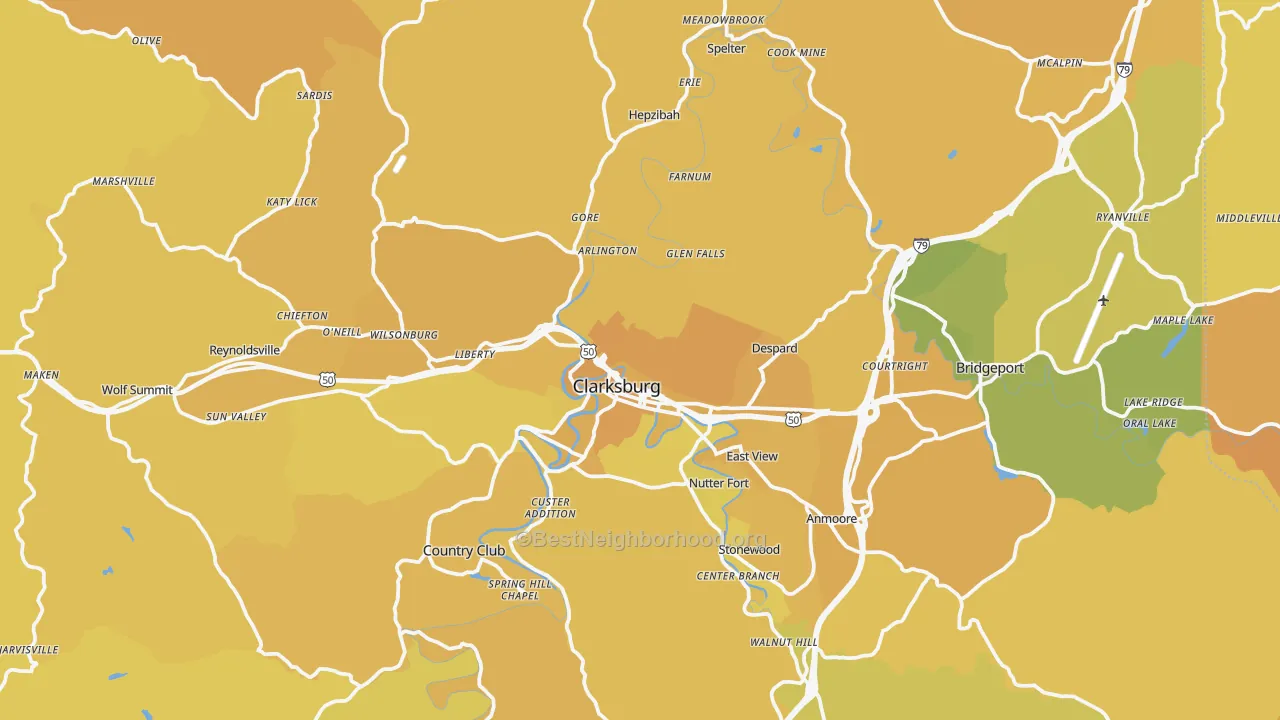 Map of the best neighborhoods in the Harrison County area, with better matches in green and worse matches in red