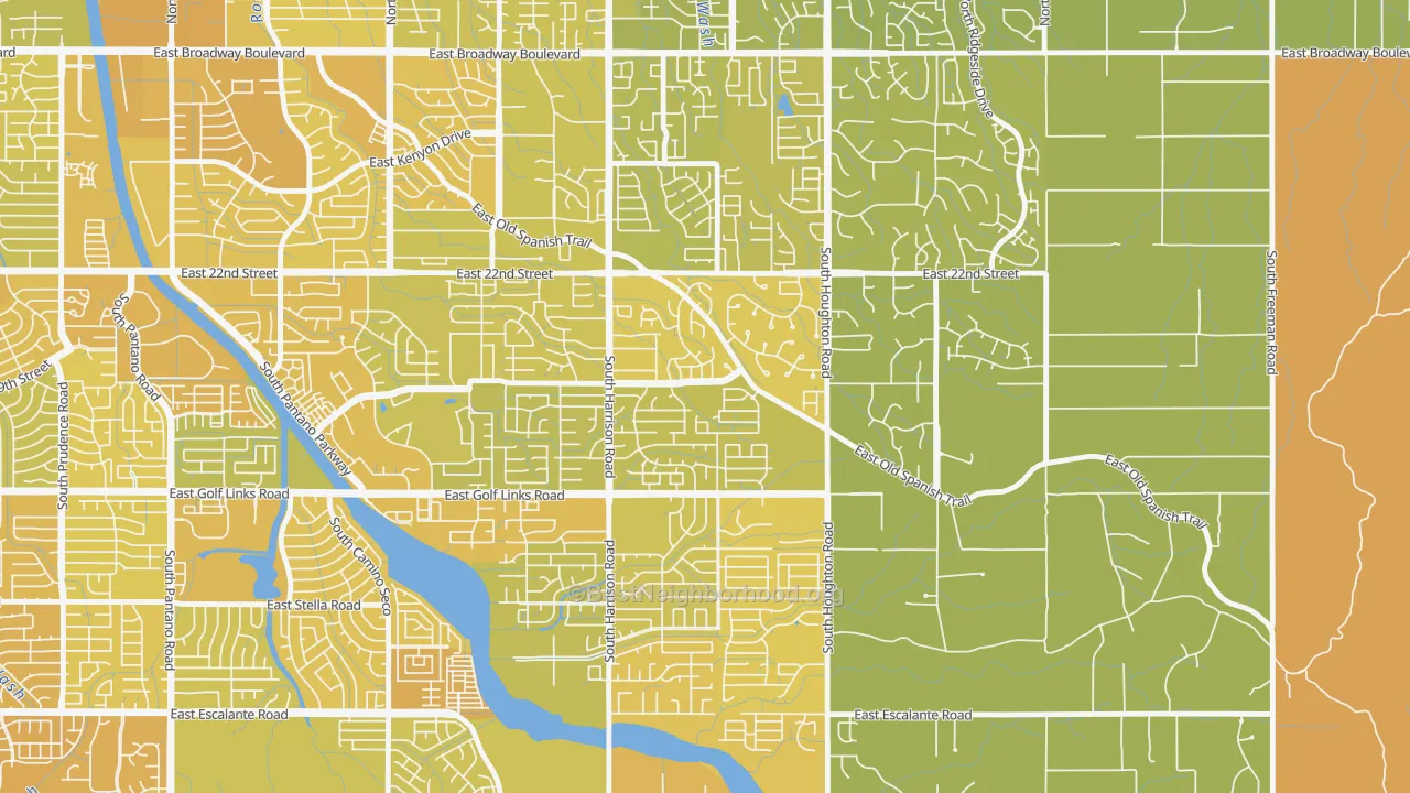 Map of the best neighborhoods in the Harrison East-South, Tucson area, with better matches in green and worse matches in red
