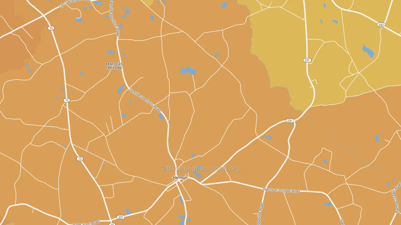 Map of the best neighborhoods in the Harrison area, with better matches in green and worse matches in red