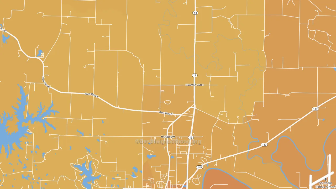 Map of the best neighborhoods in the Harrison area, with better matches in green and worse matches in red