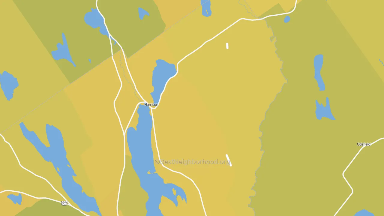 Map of the best neighborhoods in the Harrison area, with better matches in green and worse matches in red