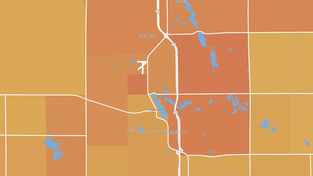 Map of the best neighborhoods in the Harrison area, with better matches in green and worse matches in red