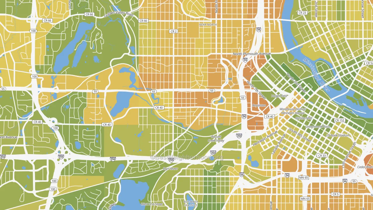 Map of the best neighborhoods in the Harrison, Minneapolis area, with better matches in green and worse matches in red