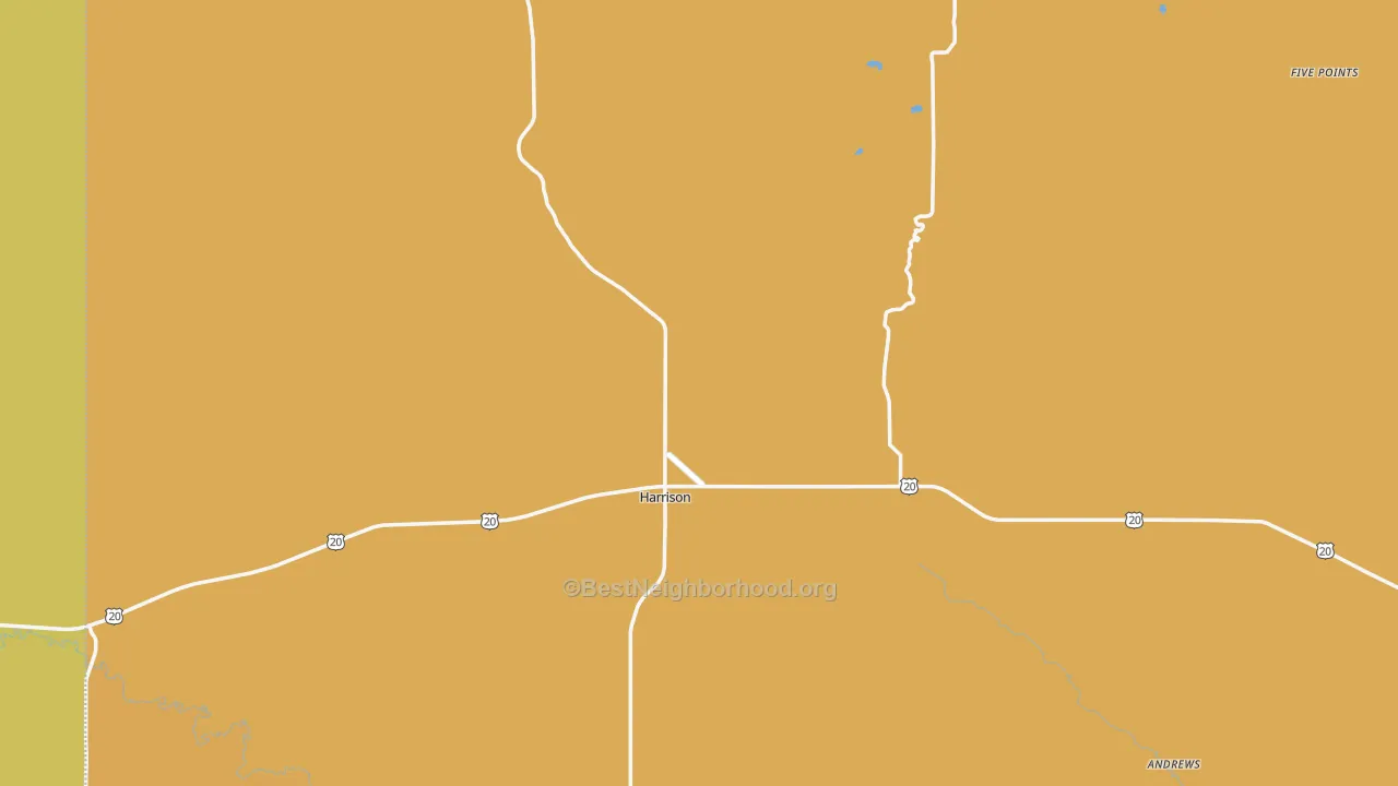 Map of the best neighborhoods in the Harrison area, with better matches in green and worse matches in red