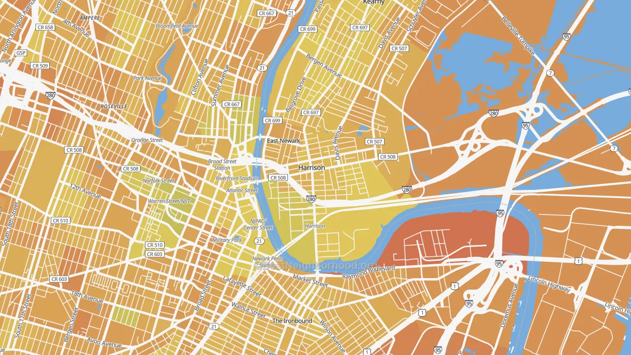 Map of the best neighborhoods in the Harrison area, with better matches in green and worse matches in red