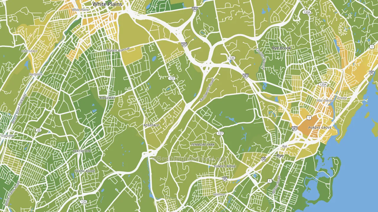 Map of the best neighborhoods in the Harrison area, with better matches in green and worse matches in red