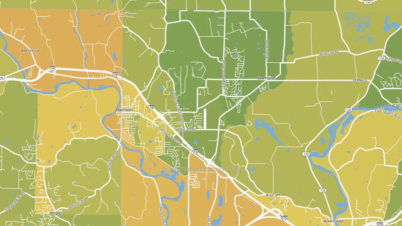 Map of the best neighborhoods in the Harrison area, with better matches in green and worse matches in red