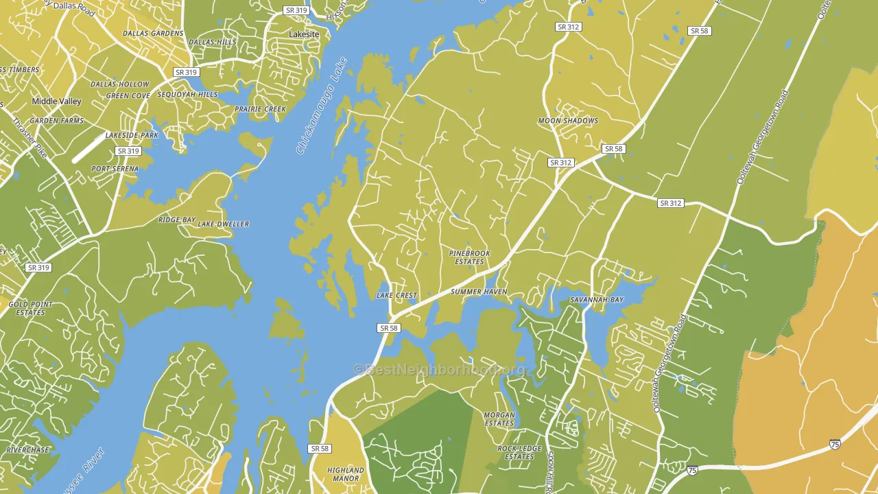 Map of the best neighborhoods in the Harrison area, with better matches in green and worse matches in red