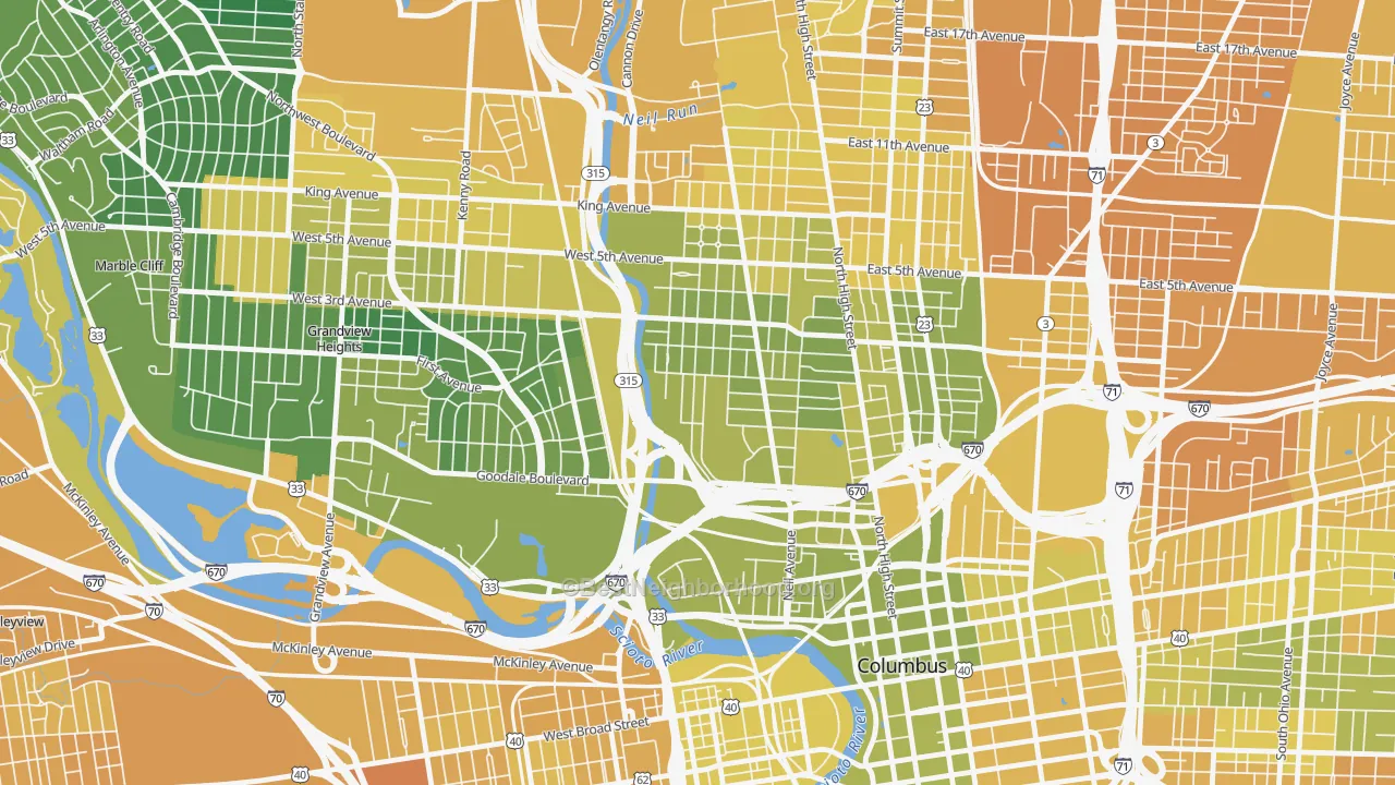 Map of the best neighborhoods in the Harrison West, Columbus area, with better matches in green and worse matches in red