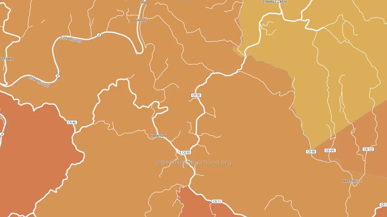 Map of the best neighborhoods in the Harrison area, with better matches in green and worse matches in red