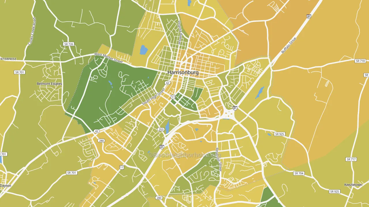 Map of the best neighborhoods in the Harrisonburg City area, with better matches in green and worse matches in red