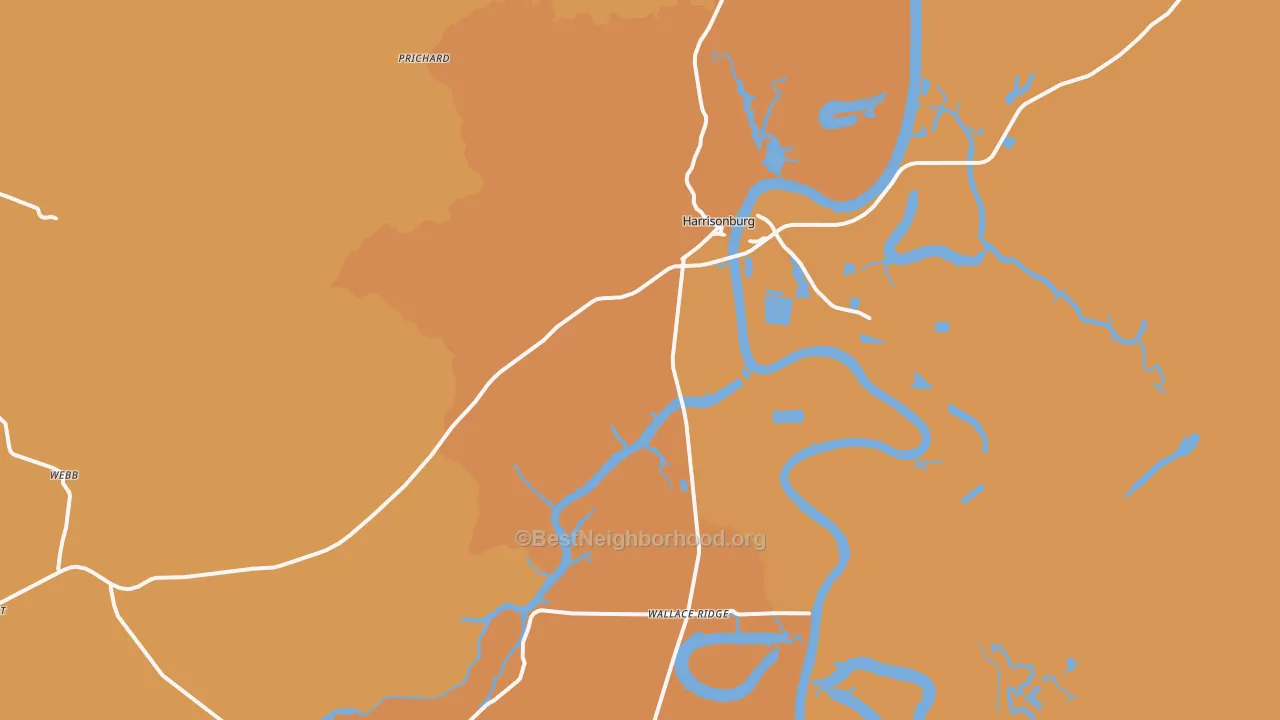 Map of the best neighborhoods in the Harrisonburg area, with better matches in green and worse matches in red