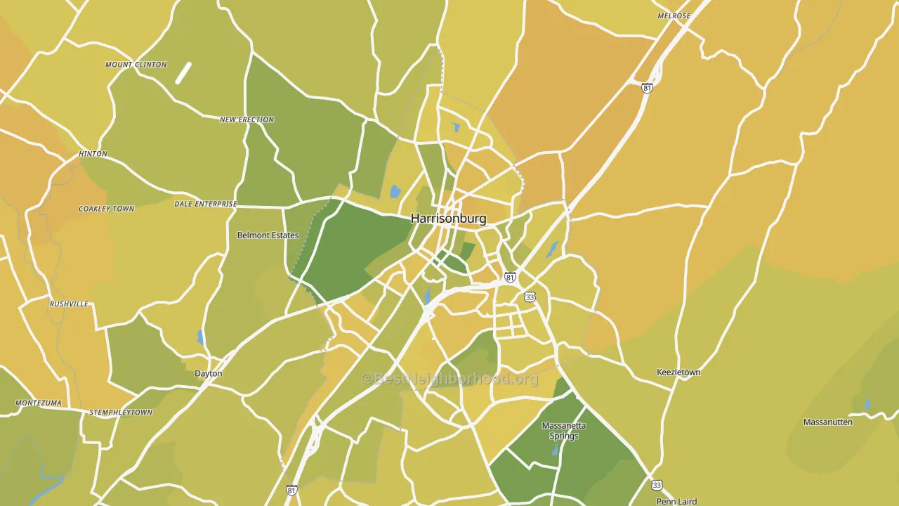 Map of the best neighborhoods in the Harrisonburg Metro area, with better matches in green and worse matches in red