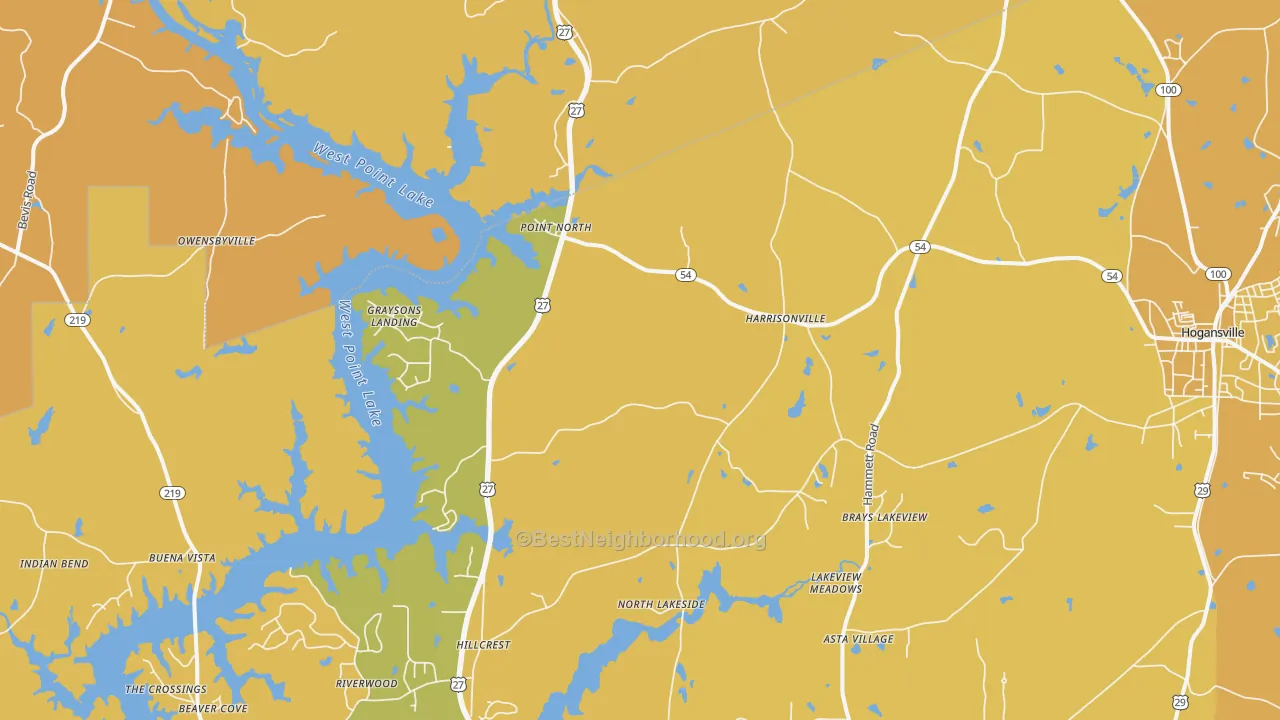 Map of the best neighborhoods in the Harrisonville area, with better matches in green and worse matches in red