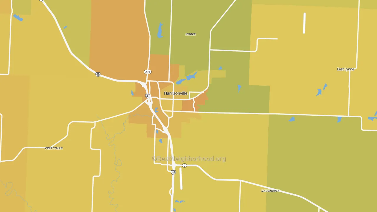 Map of the best neighborhoods in the Harrisonville area, with better matches in green and worse matches in red